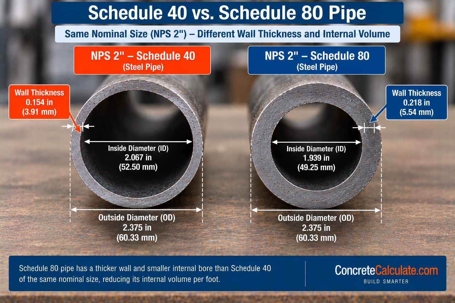 NPS 2-inch Schedule 40 vs Schedule 80 steel pipe comparison showing equal 2.375-inch outside diameters but different wall thicknesses and inside diameters affecting internal volume.