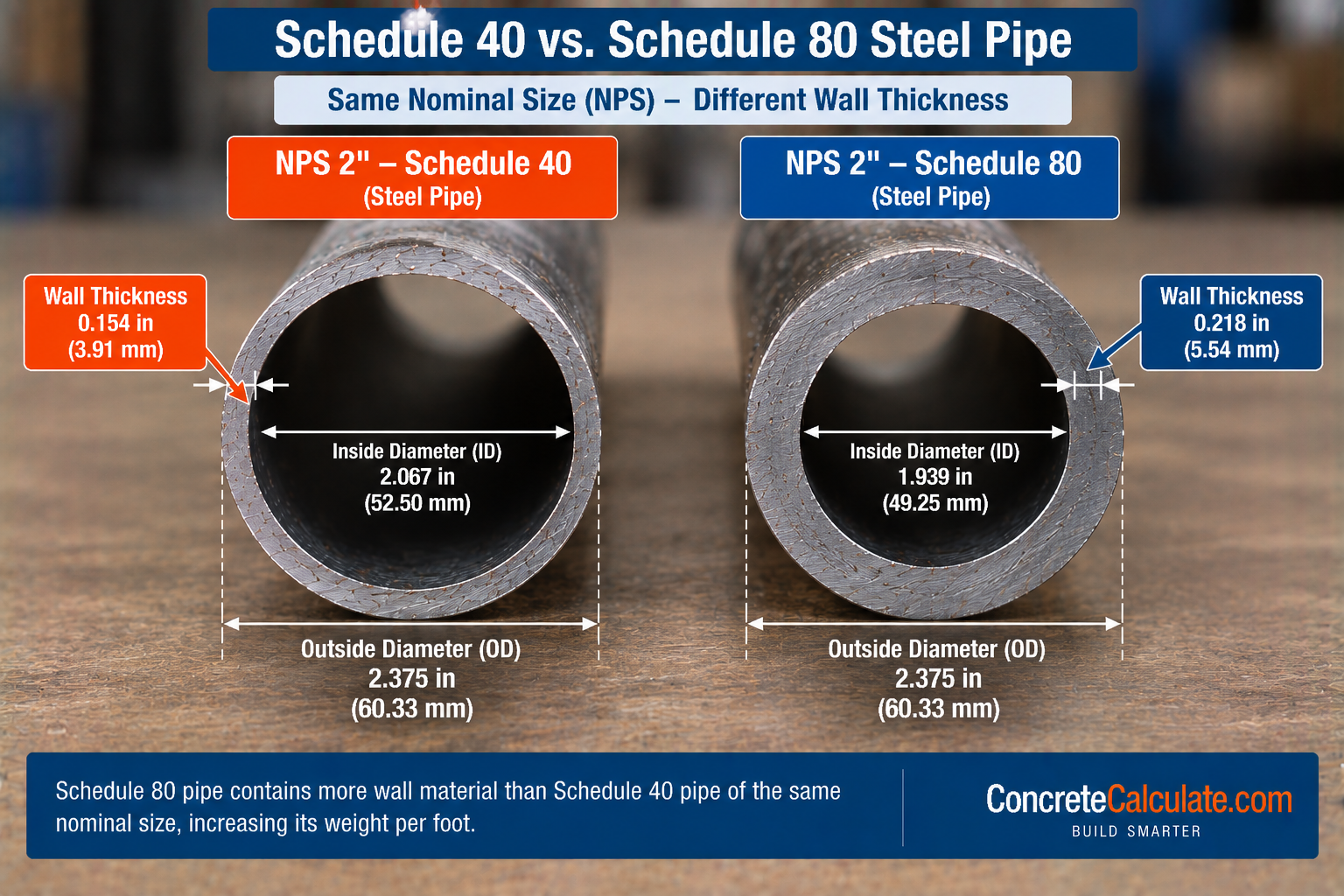 Schedule 40 vs Schedule 80 NPS 2-inch steel pipe comparison showing the same 2.375-inch outside diameter but different wall thicknesses and inside diameters.