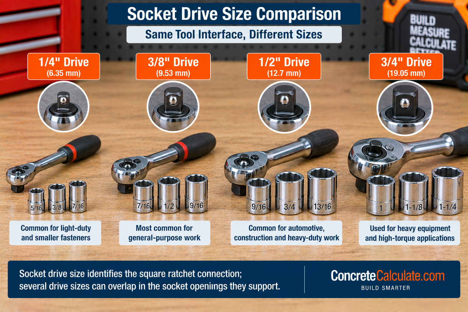Socket drive size comparison showing 1/4-inch, 3/8-inch, 1/2-inch, and 3/4-inch ratchet drives with common socket sizes and applications.