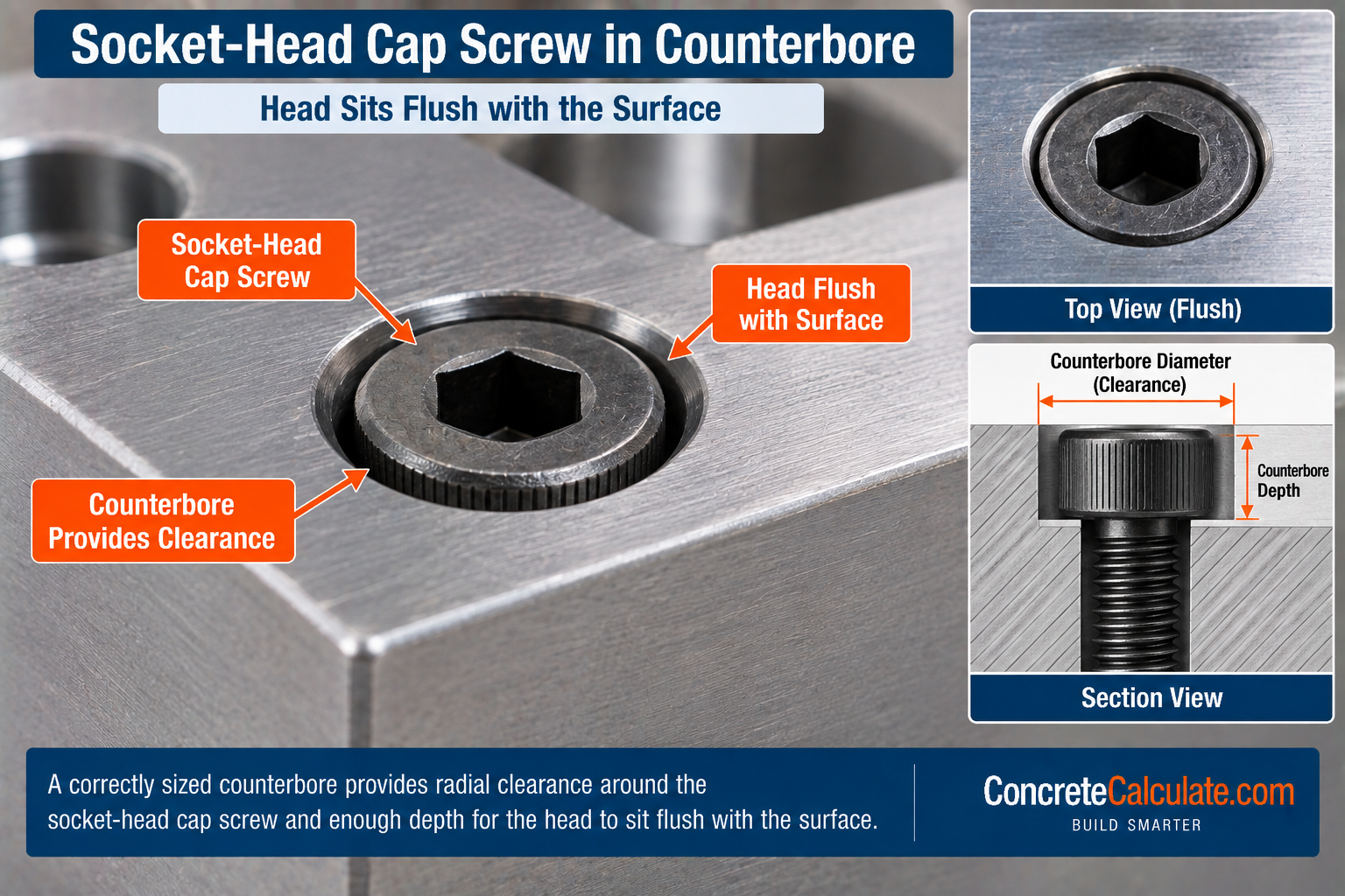 Socket-head cap screw installed flush in a counterbore, showing counterbore diameter clearance and depth for proper screw head seating.
