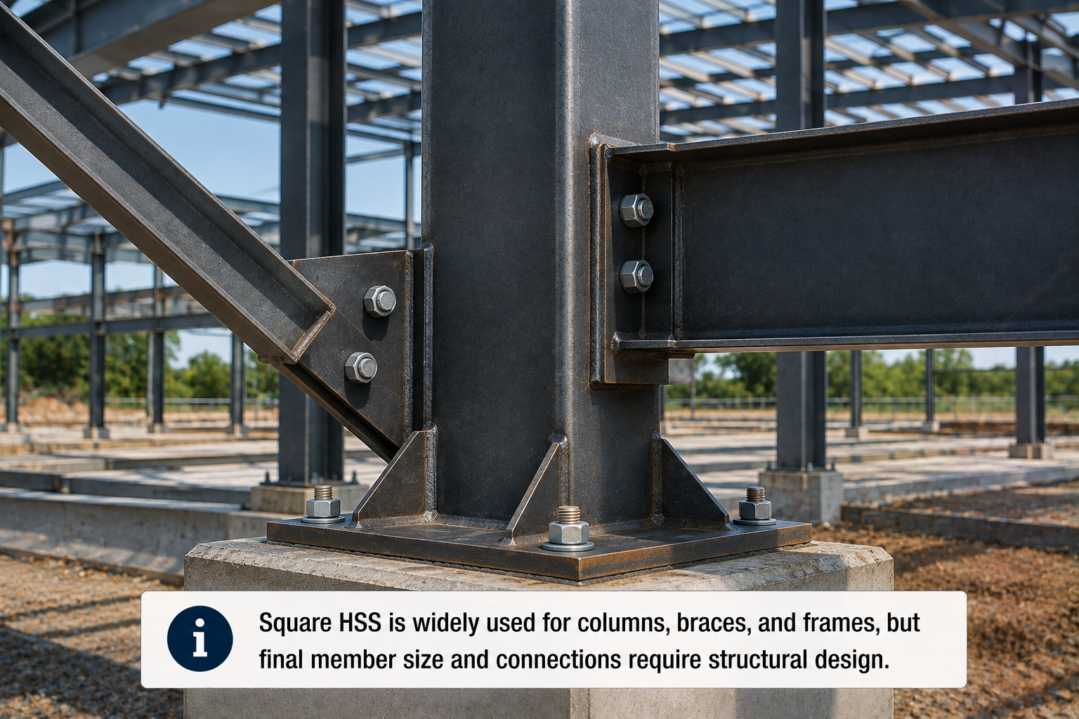 Square HSS steel column and diagonal brace with bolted beam connections and base plate anchored to a concrete foundation in structural framing.