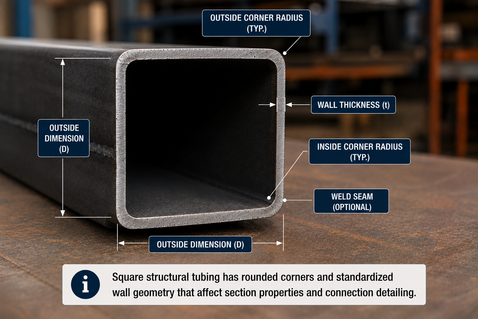 Square HSS structural steel tube cross-section showing outside dimensions, wall thickness, inside and outside corner radii, and weld seam location.