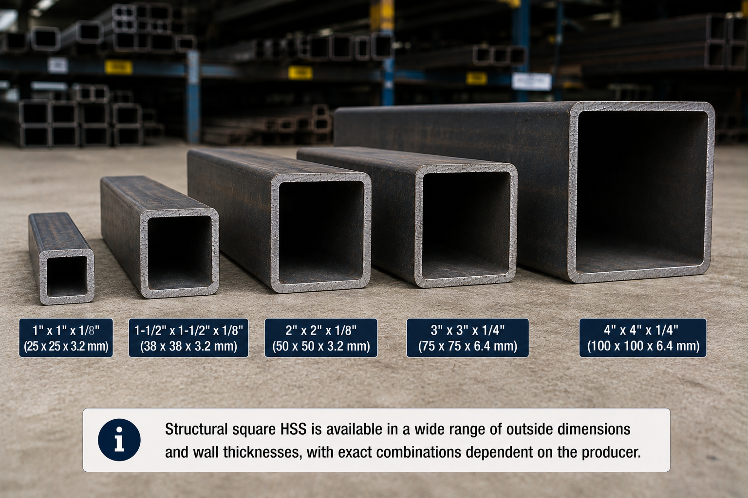Square HSS structural steel tubing in multiple sizes from 1 x 1 inch to 4 x 4 inches, showing different outside dimensions and wall thicknesses.
