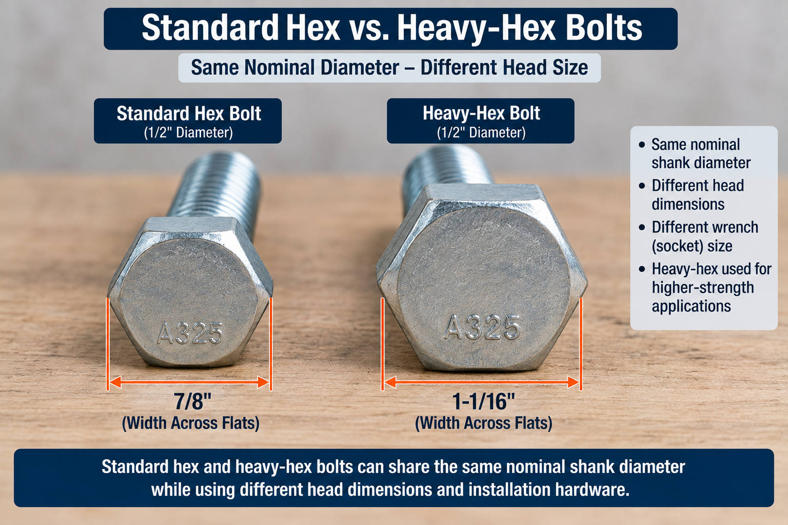 Standard hex bolt and heavy hex bolt comparison with the same 1/2-inch nominal diameter, showing 7/8-inch and 1-1/16-inch head widths across flats.