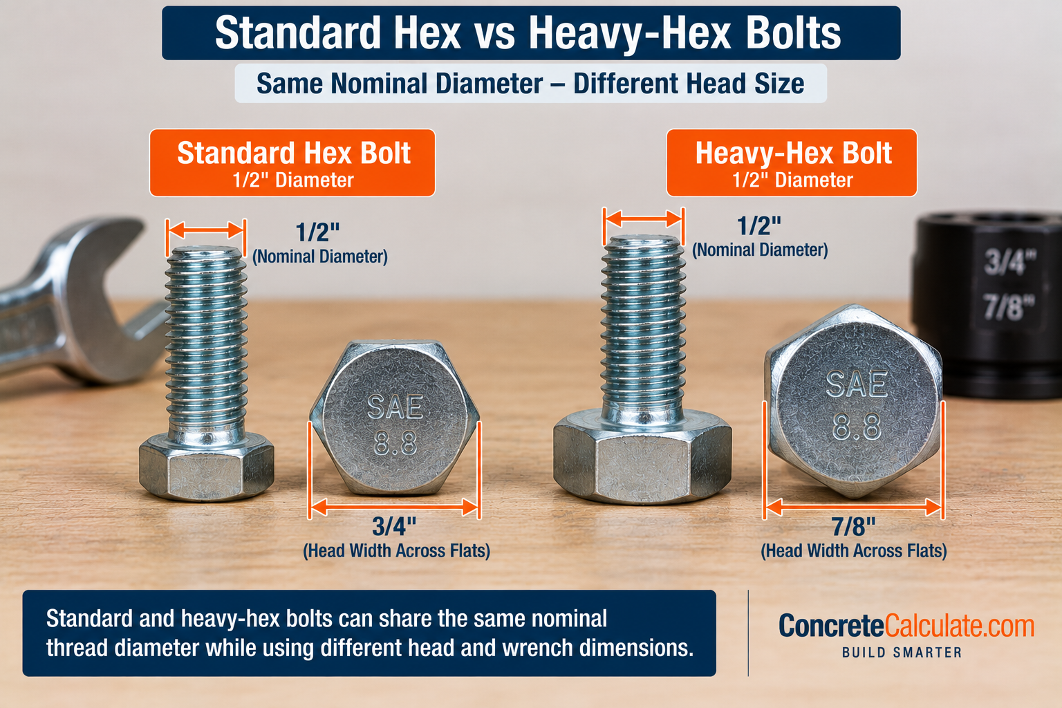 Standard hex bolt vs heavy-hex bolt comparison showing the same 1/2-inch nominal diameter with different head widths across flats.