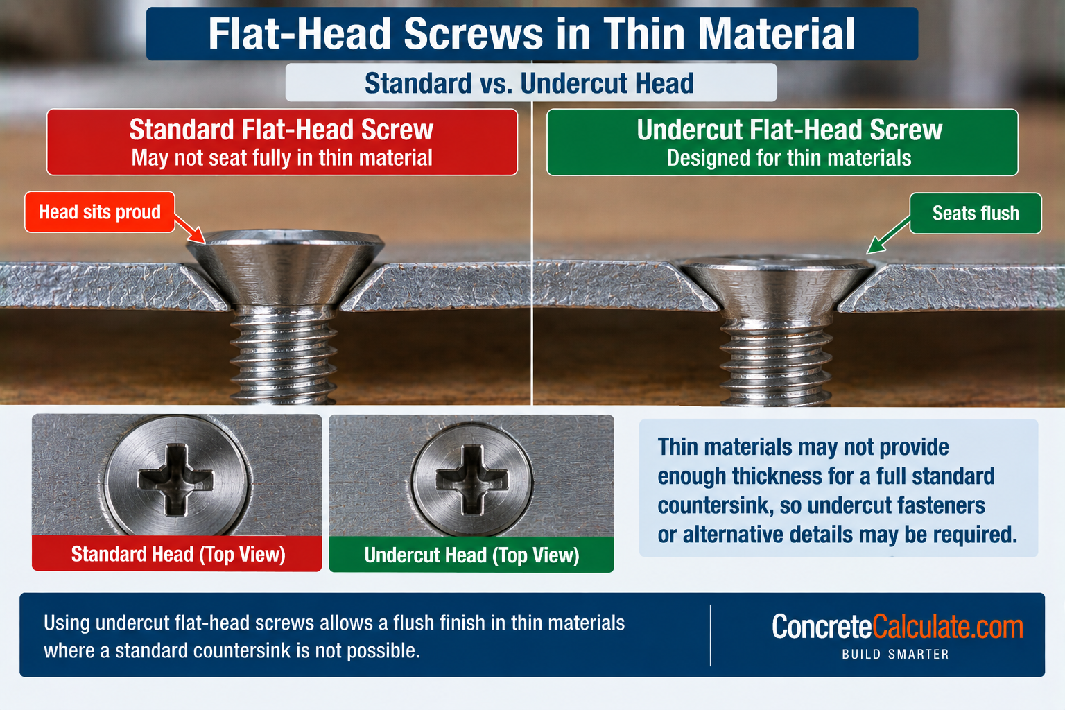 Comparison of standard and undercut flat-head screws in thin metal, showing a standard screw sitting proud while an undercut screw seats flush in a countersunk hole.