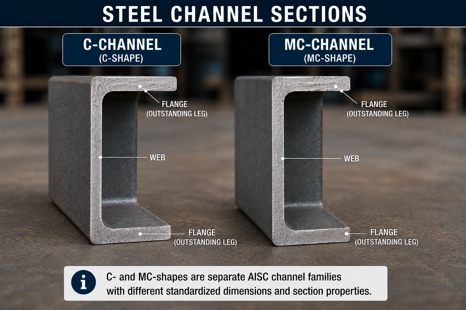 C-channel and MC-channel steel sections showing web and flange components and the differences between AISC C-shapes and MC-shapes.