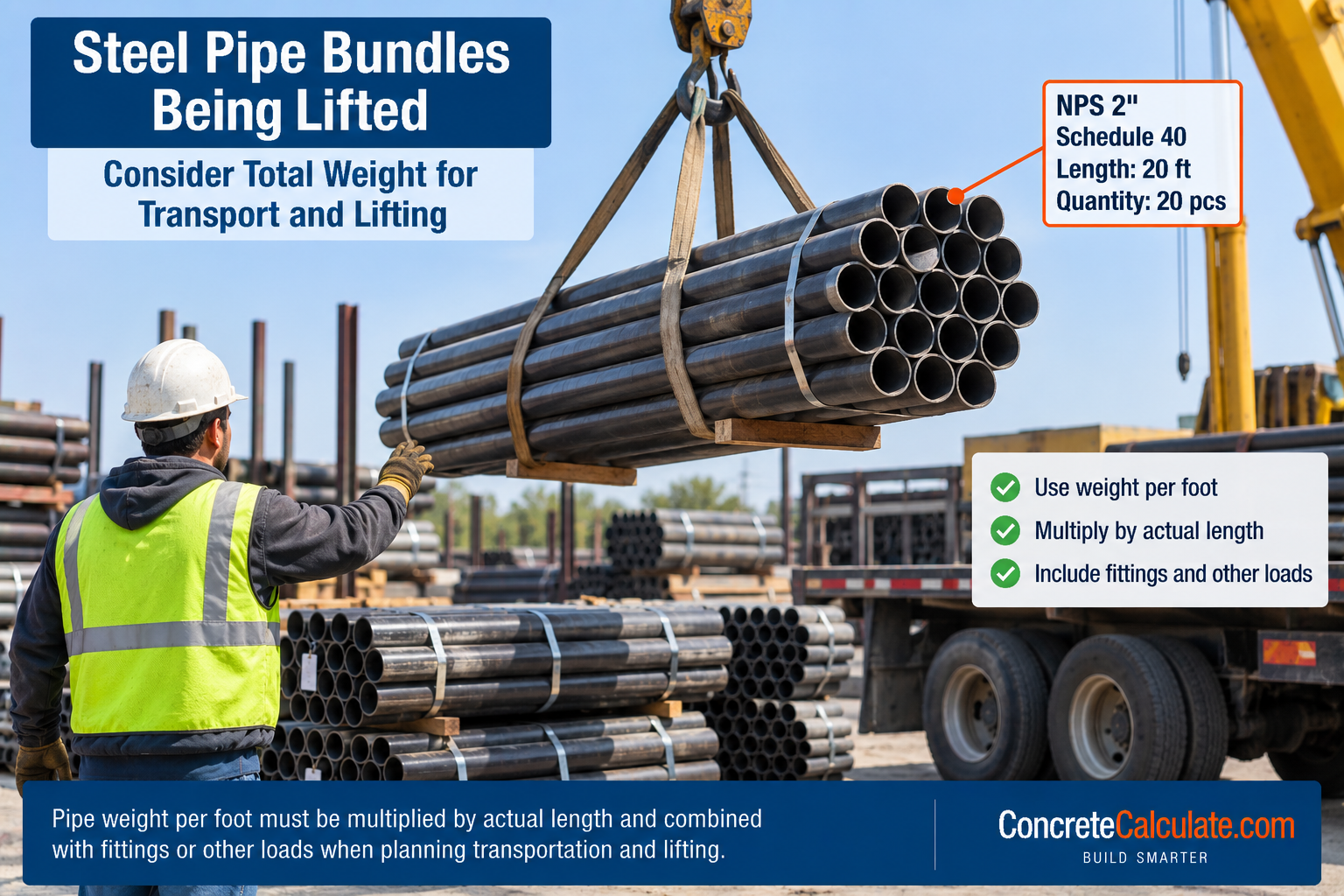 Crane lifting a bundle of NPS 2-inch Schedule 40 steel pipes, illustrating how pipe weight per foot, length, and quantity determine the total lifting load.