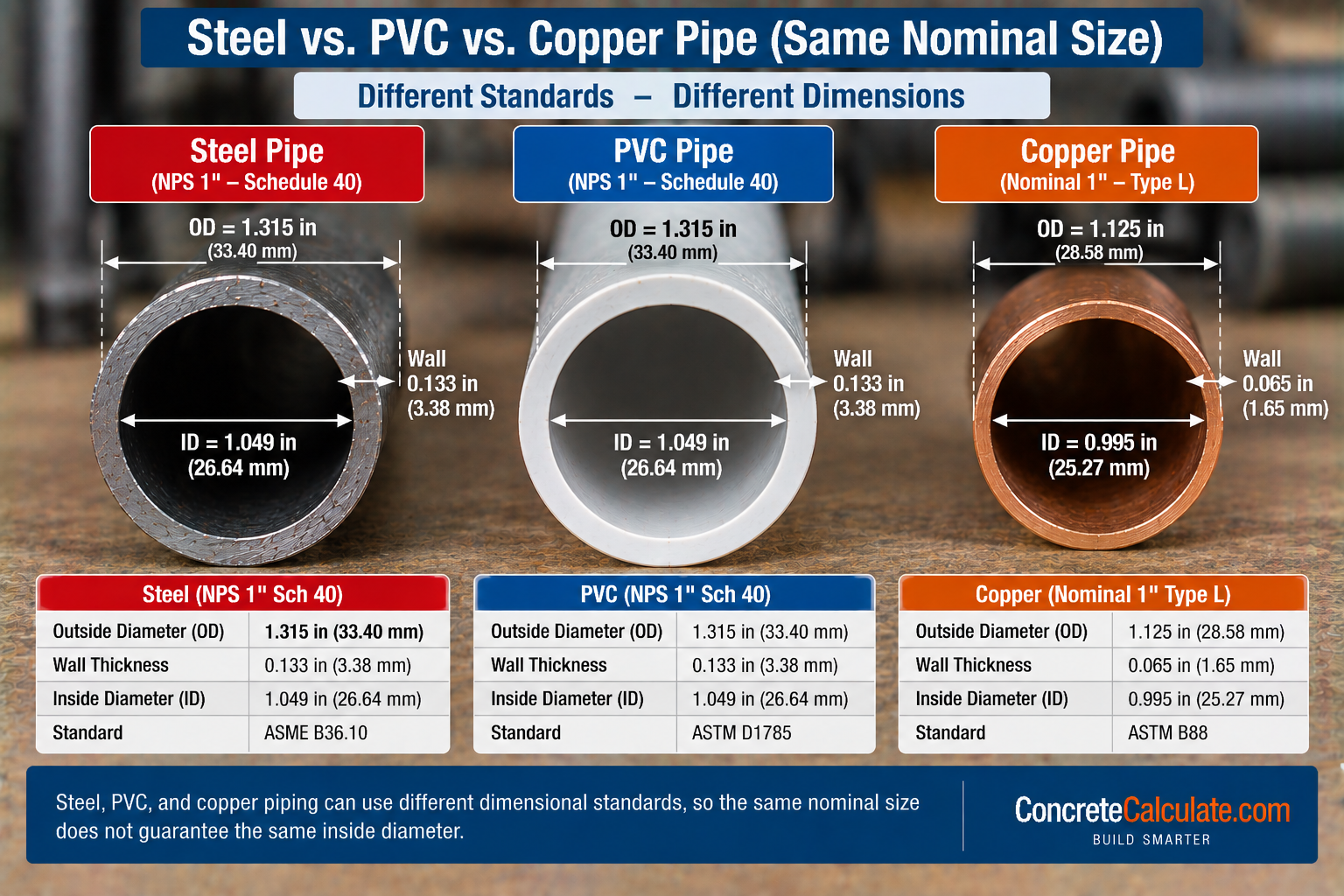 Comparison of 1-inch steel Schedule 40, PVC Schedule 40, and Type L copper pipe showing differences in outside diameter, inside diameter, and wall thickness.