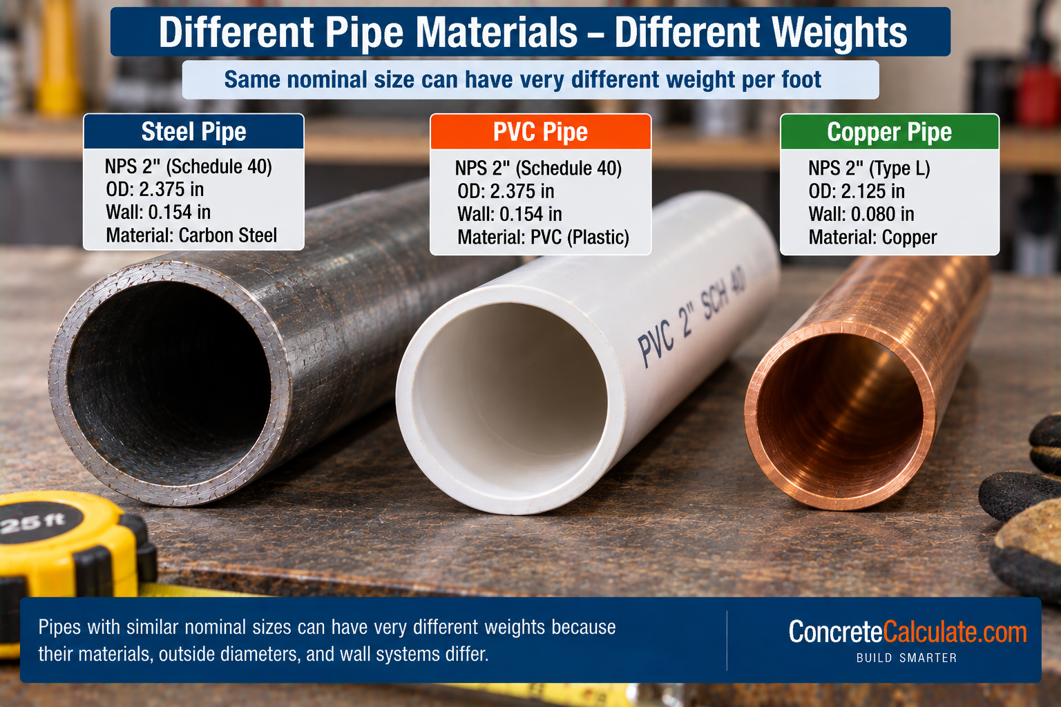 Comparison of 2-inch steel, PVC, and copper pipes showing how pipes with similar nominal sizes can have different dimensions, materials, and weights per foot.