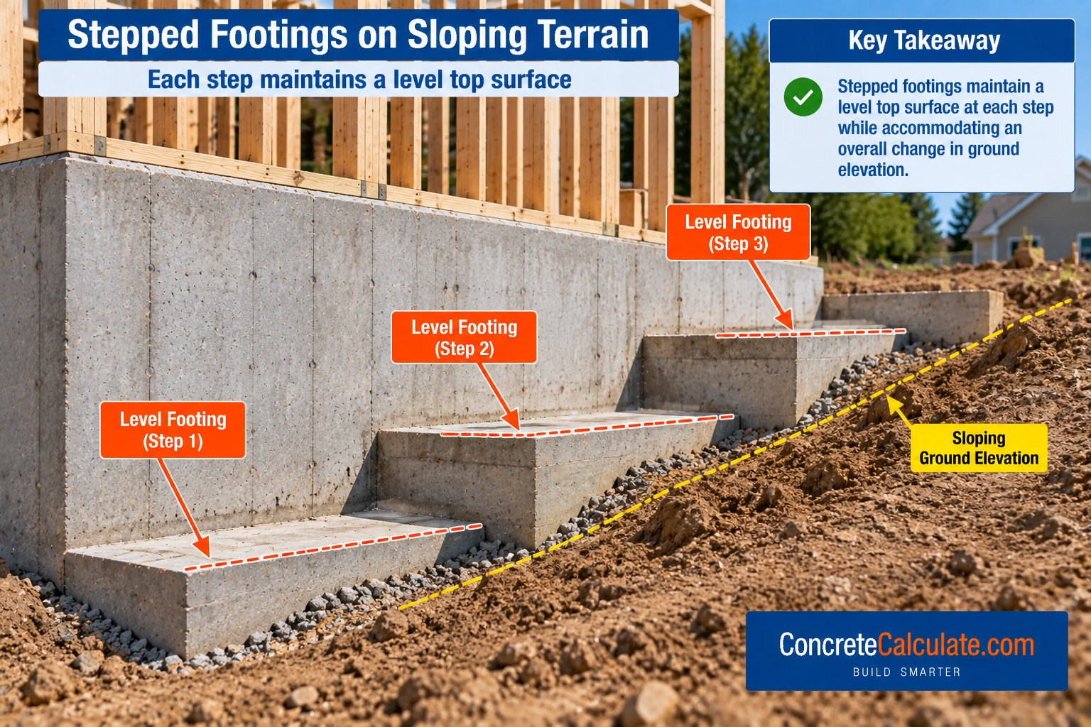 Residential concrete foundation with three stepped footings on sloping terrain, illustrating level footing surfaces at different elevations and the surrounding sloping ground.