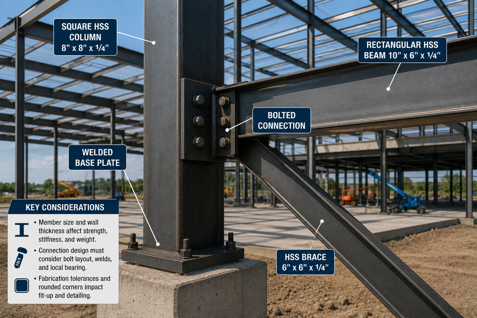 Structural steel framework under construction showing an 8x8-inch square HSS column anchored with a welded base plate, joined by a bolted connection to a 10x6-inch rectangular HSS beam and a 6x6-inch HSS diagonal brace.