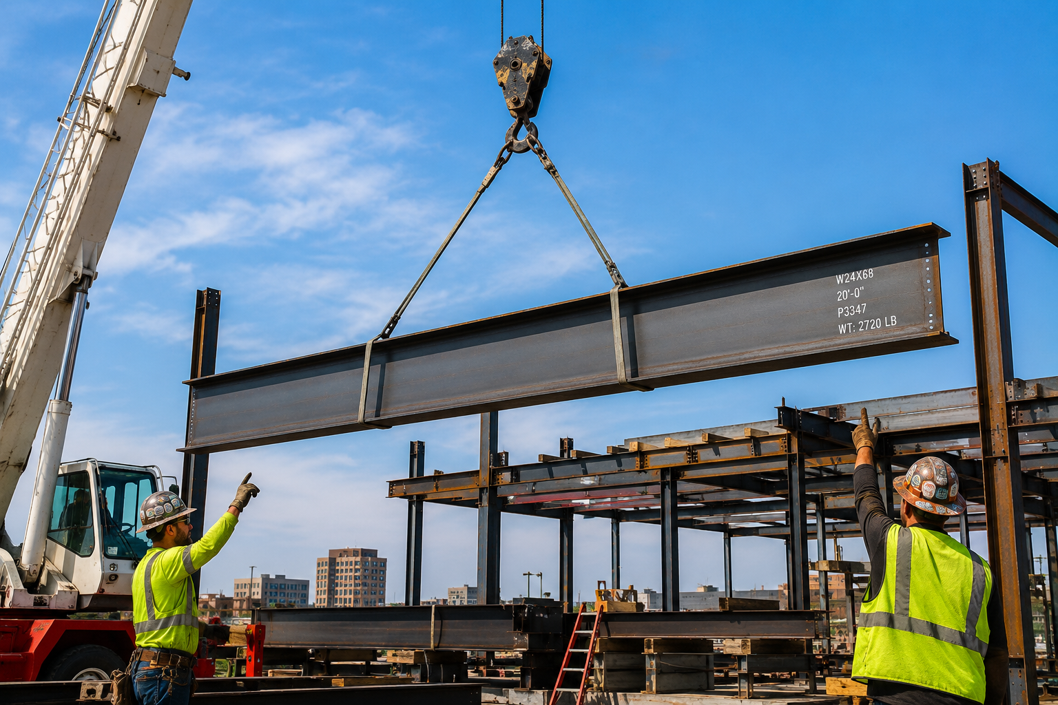 W24x68 structural steel beam weighing 2,720 lb being lifted by a crane during steel frame construction, with ironworkers guiding the beam into position.