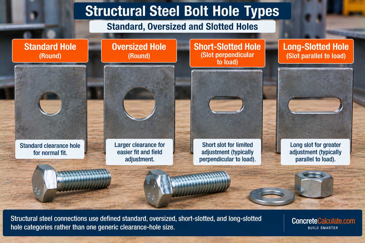 Structural steel bolt hole types showing standard round, oversized round, short-slotted, and long-slotted holes used in bolted steel connections.