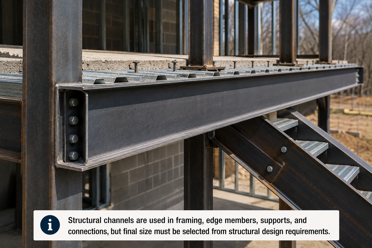 Structural steel channel used as a horizontal framing member with bolted connections to steel columns and a steel stair structure.