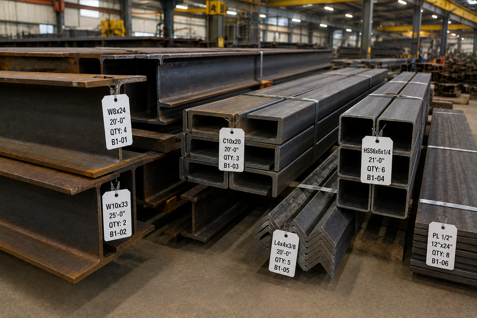 Structural steel inventory showing W-beams, steel channels, square HSS tubing, angles, and steel