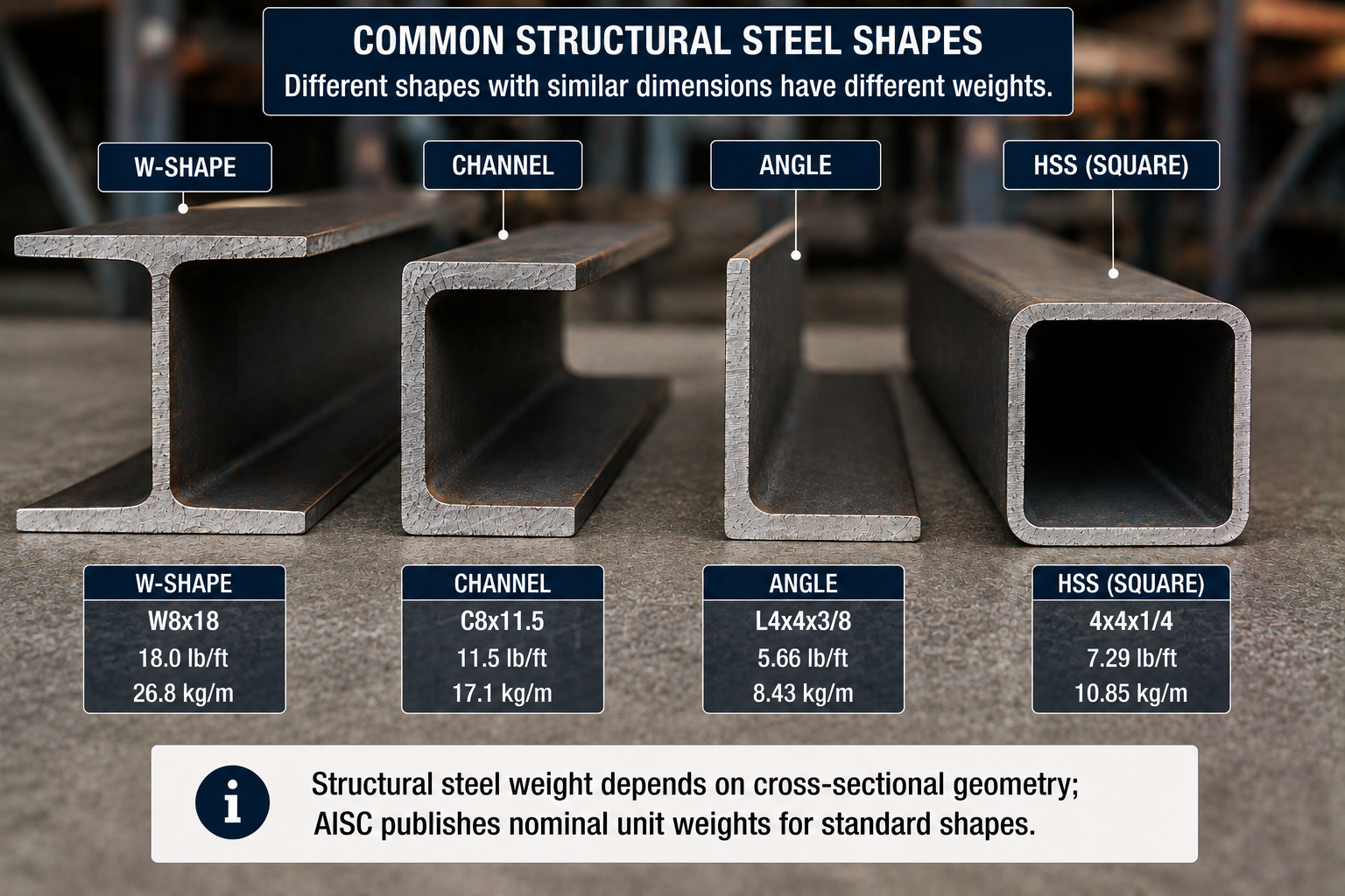 Structural steel weight comparison showing W-shape, C-channel, steel angle, and square HSS sections with example weights in lb/ft and kg/m.