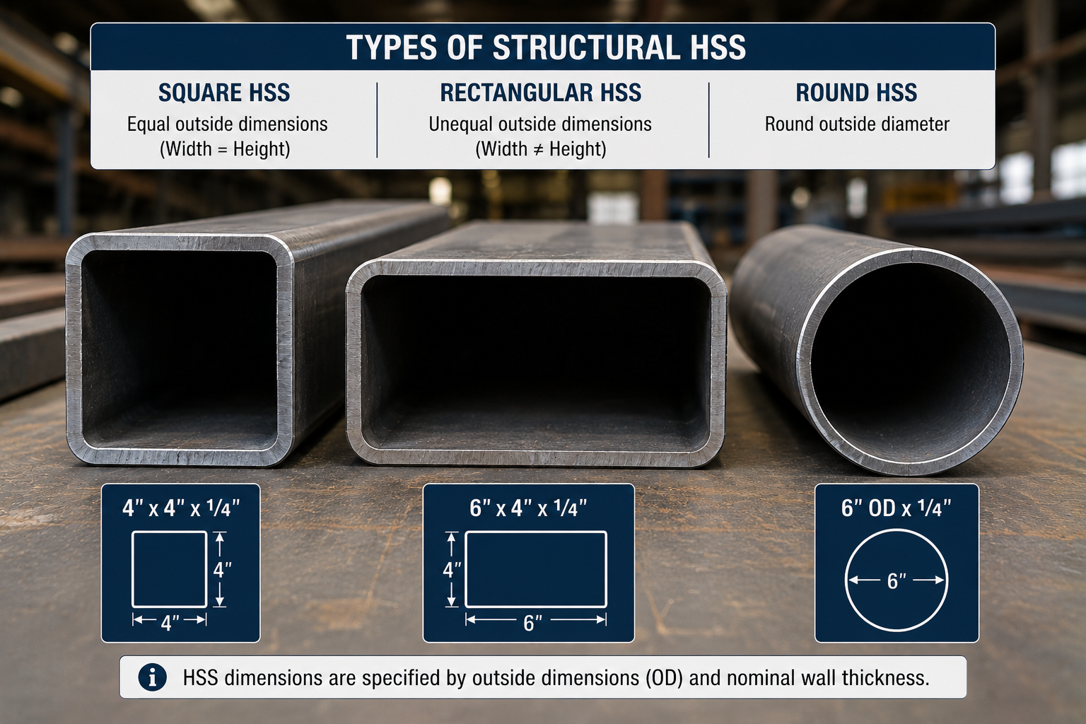 An infographic detailing three types of structural HSS (Hollow Structural Sections): square, rectangular, and round steel tubing. The image features cross-sectional photos of each tube alongside diagrams explaining how dimensions are specified using outside dimensions and nominal wall thickness.