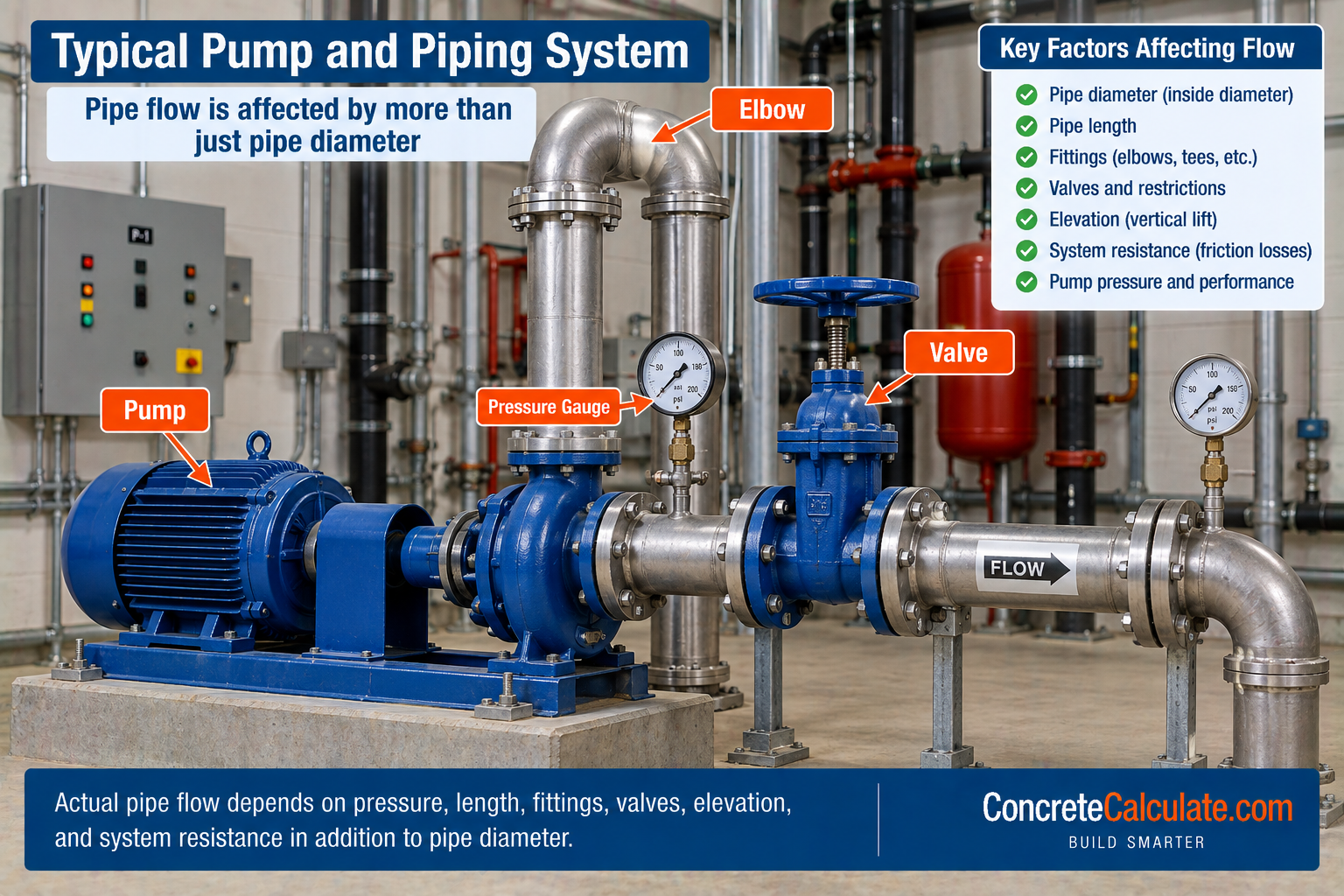 Typical pump and piping system showing a pump, pressure gauges, valve, elbow, and flow direction with key factors that affect pipe flow rate.