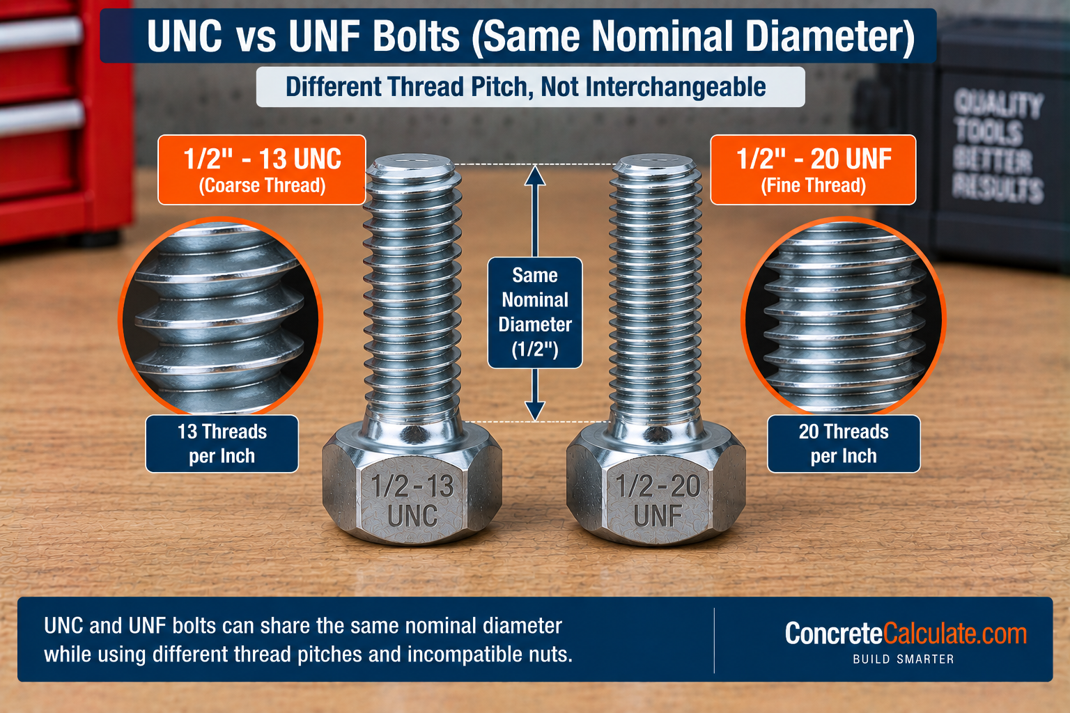 UNC vs UNF bolts comparison showing 1/2-13 UNC coarse thread with 13 threads per inch and 1/2-20 UNF fine thread with 20 threads per inch.