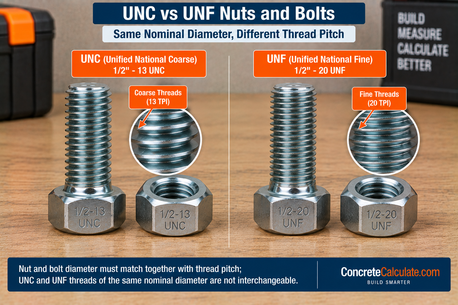 UNC vs UNF nuts and bolts comparison showing 1/2-13 UNC coarse threads and 1/2-20 UNF fine threads with different threads per inch.