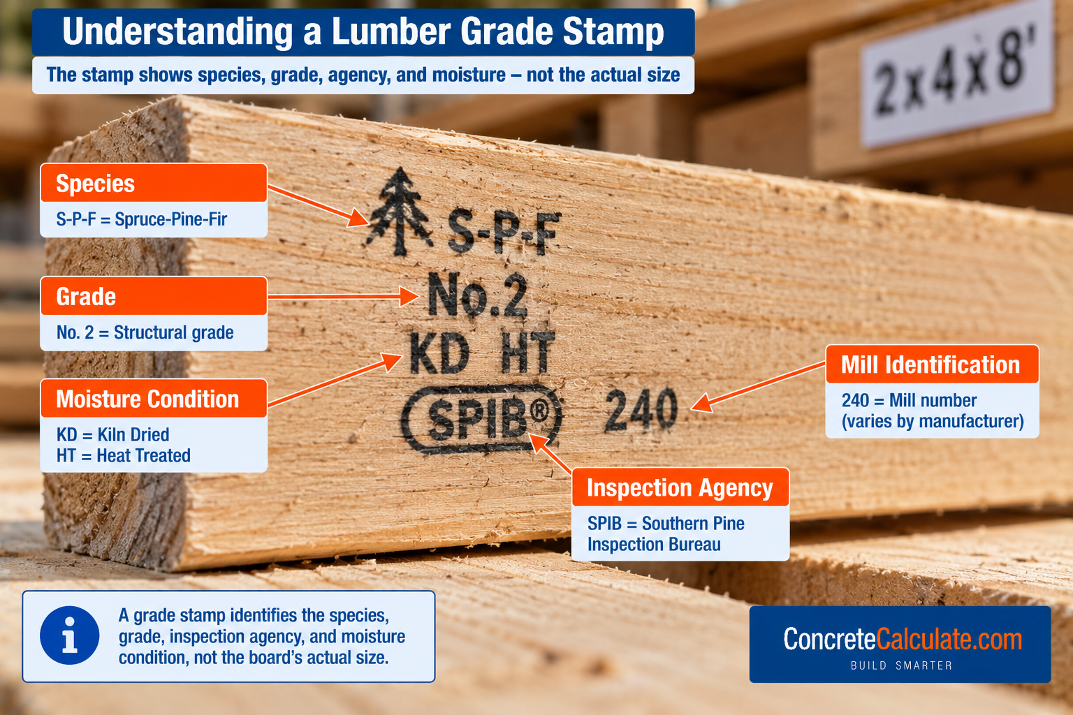 Close-up of a lumber grade stamp showing S-P-F species, No. 2 structural grade, KD-HT moisture and heat treatment, SPIB inspection agency, and mill identification number.