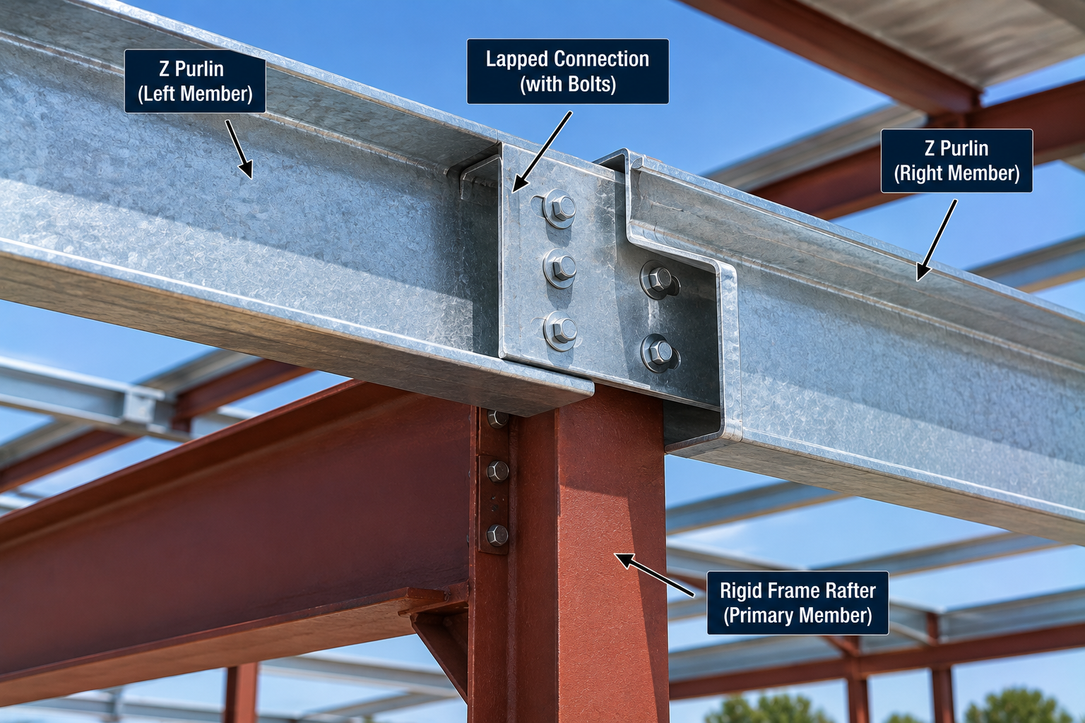 Galvanized steel Z purlins joined with a bolted lapped connection over a rigid frame rafter, showing left and right Z purlin members.