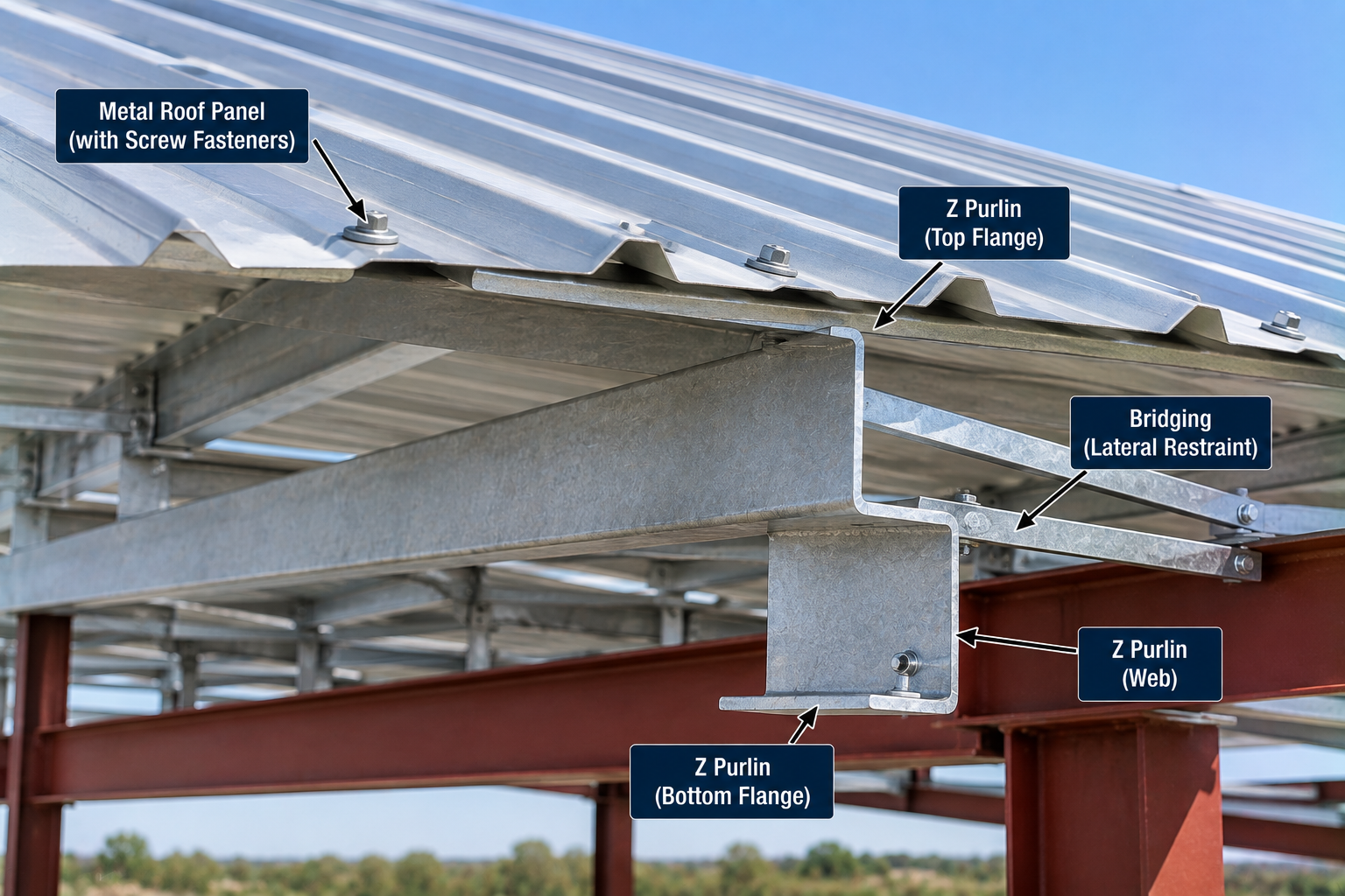 Z purlin roof framing detail showing top flange, web, bottom flange, lateral bridging, and metal roof panels attached with screw fasteners.