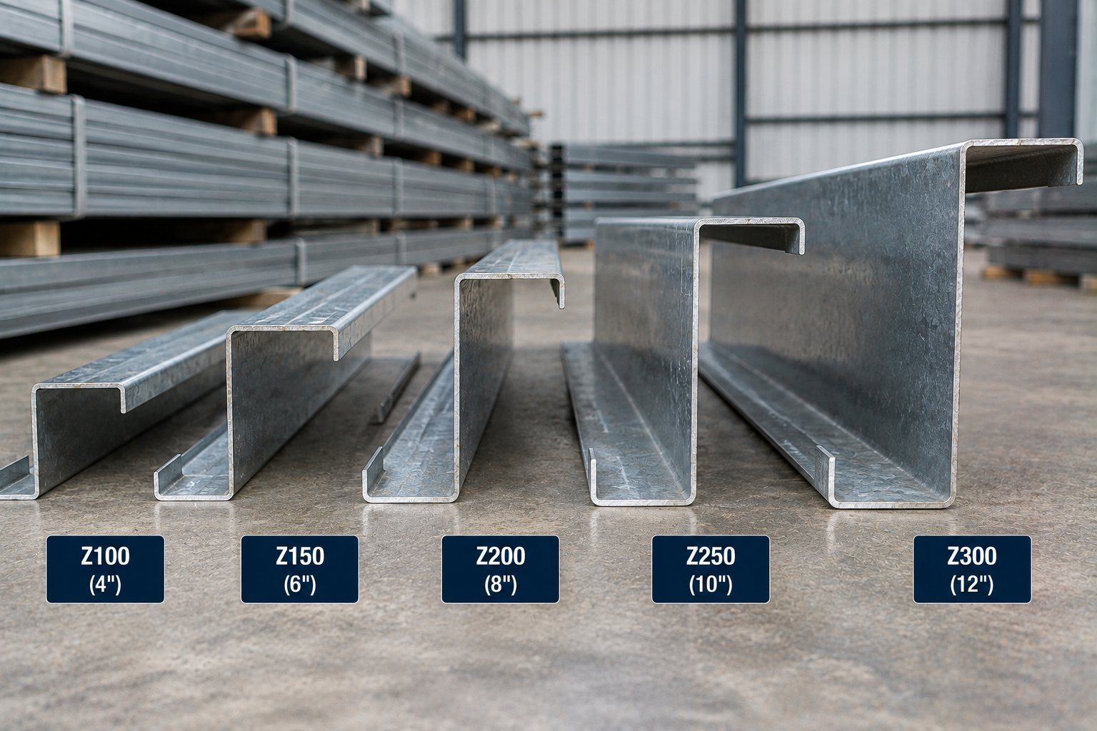 Galvanized steel Z purlins in five sizes labeled Z100, Z150, Z200, Z250, and Z300, ranging from approximately 4 to 12 inches deep.