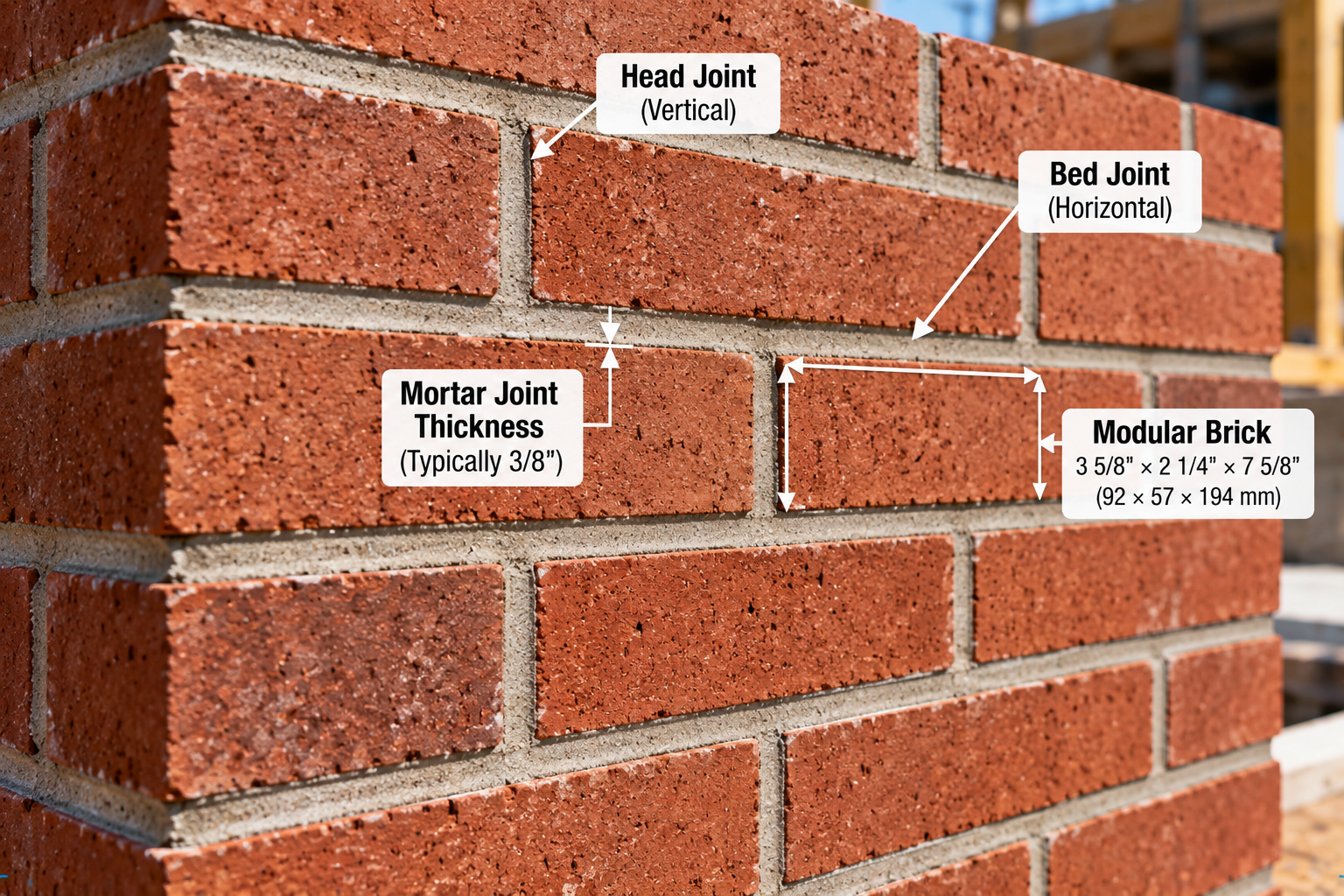 Red brick wall diagram showing vertical head joints, horizontal bed joints, typical 3/8-inch mortar thickness, and modular brick dimensions.
