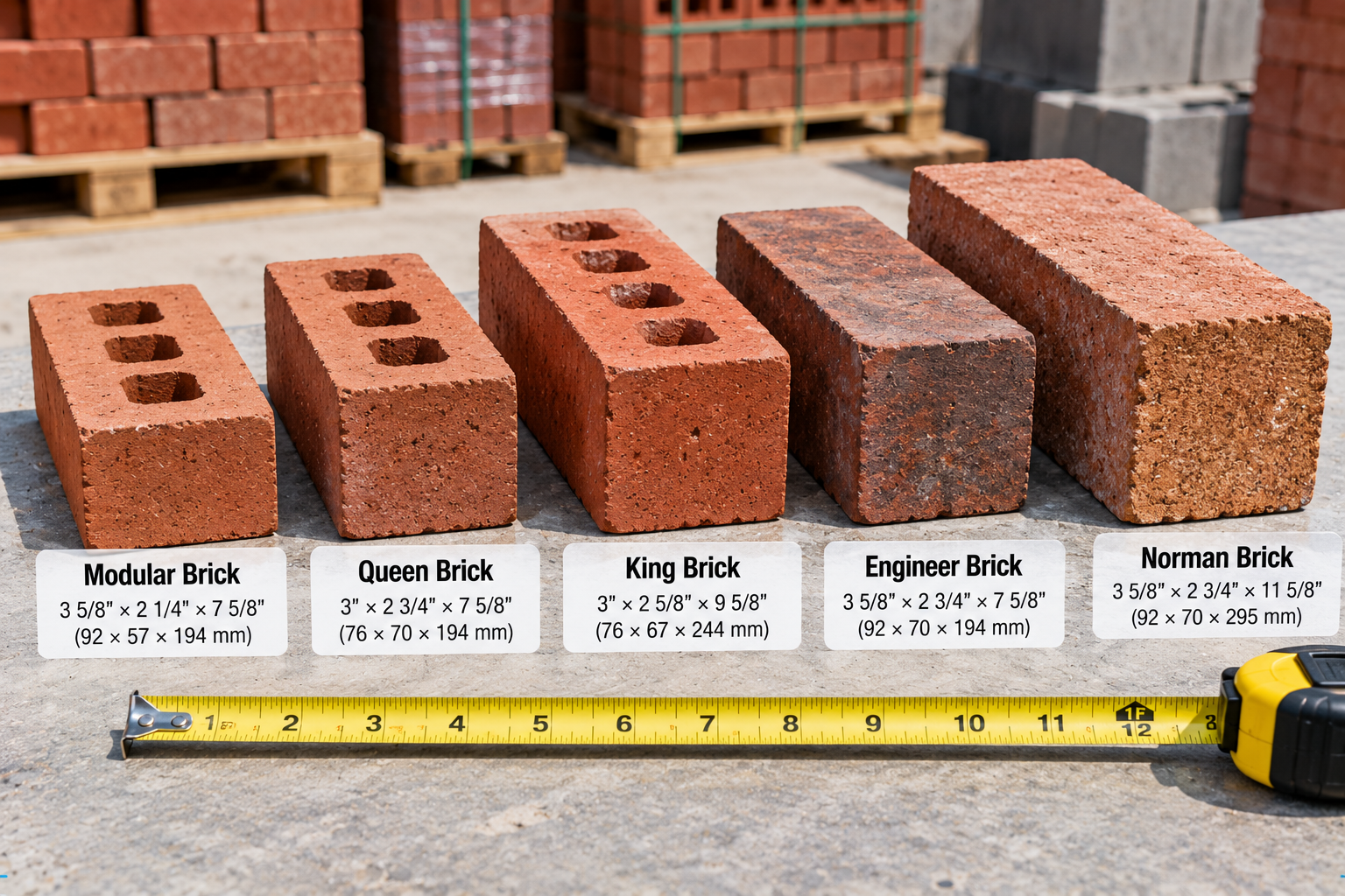 Five brick types labeled modular, queen, king, engineer, and Norman, with dimensions in inches and millimeters and a tape measure in front.