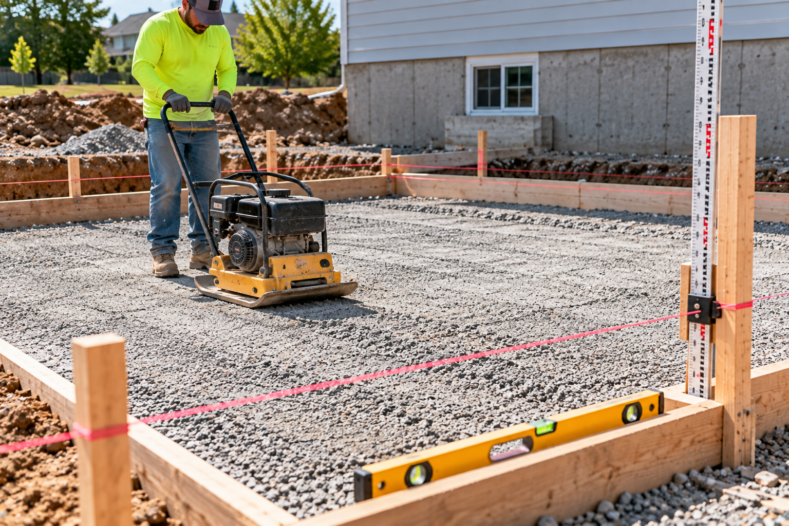 Construction worker operating a plate compactor on a gravel base inside wooden concrete slab forms, with string lines, a spirit level, and a grade rod visible.