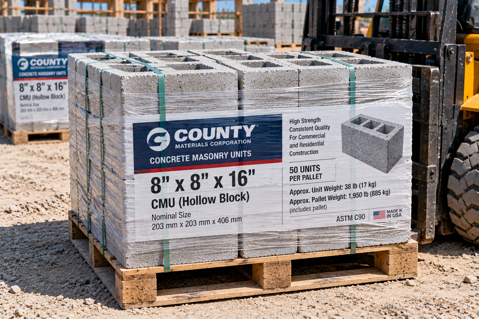 Wrapped pallet of 8 × 8 × 16-inch hollow concrete blocks with a label showing 50 units, 38 lb per block, and 1,950 lb pallet weight.