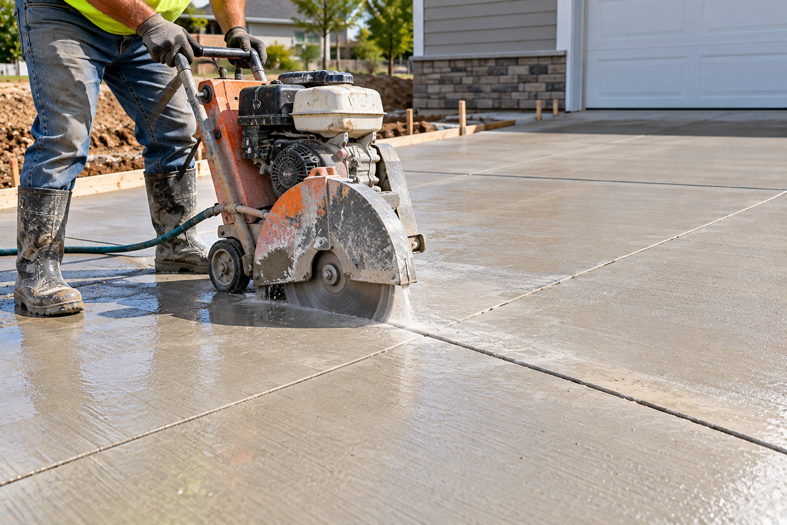 Worker using a walk-behind concrete saw with water cooling to cut a control joint in a residential concrete driveway.
