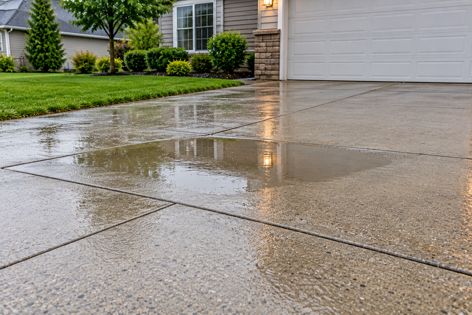 Wet residential concrete driveway with intersecting control joints dividing the surface into rectangular panels.