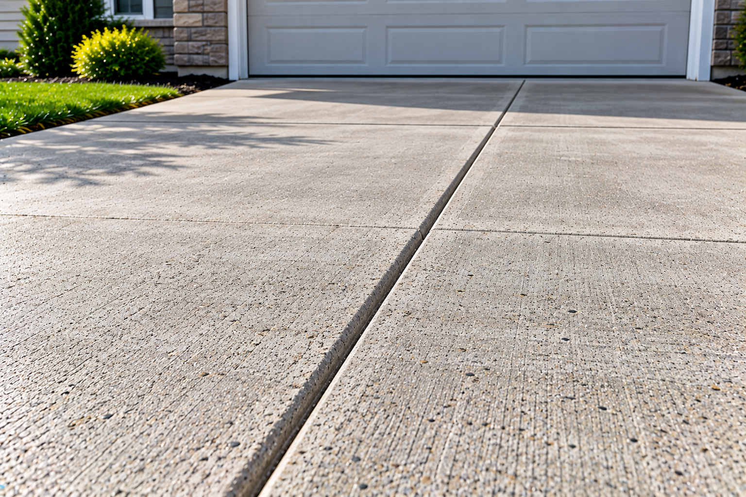 Residential concrete driveway with straight control joints dividing the broom-finished surface into rectangular panels.