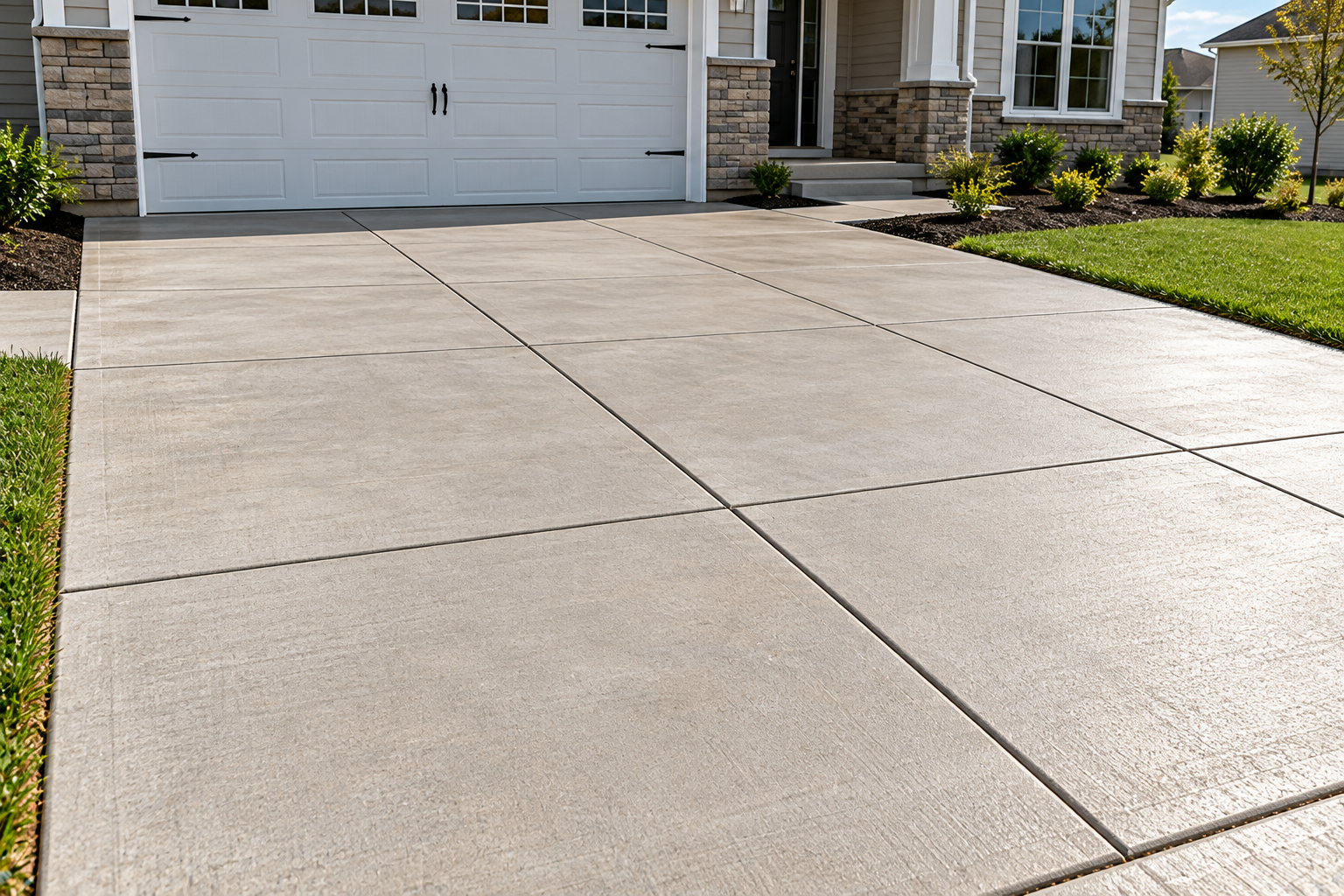 Residential concrete driveway with straight control joints dividing the surface into rectangular panels in front of a garage.