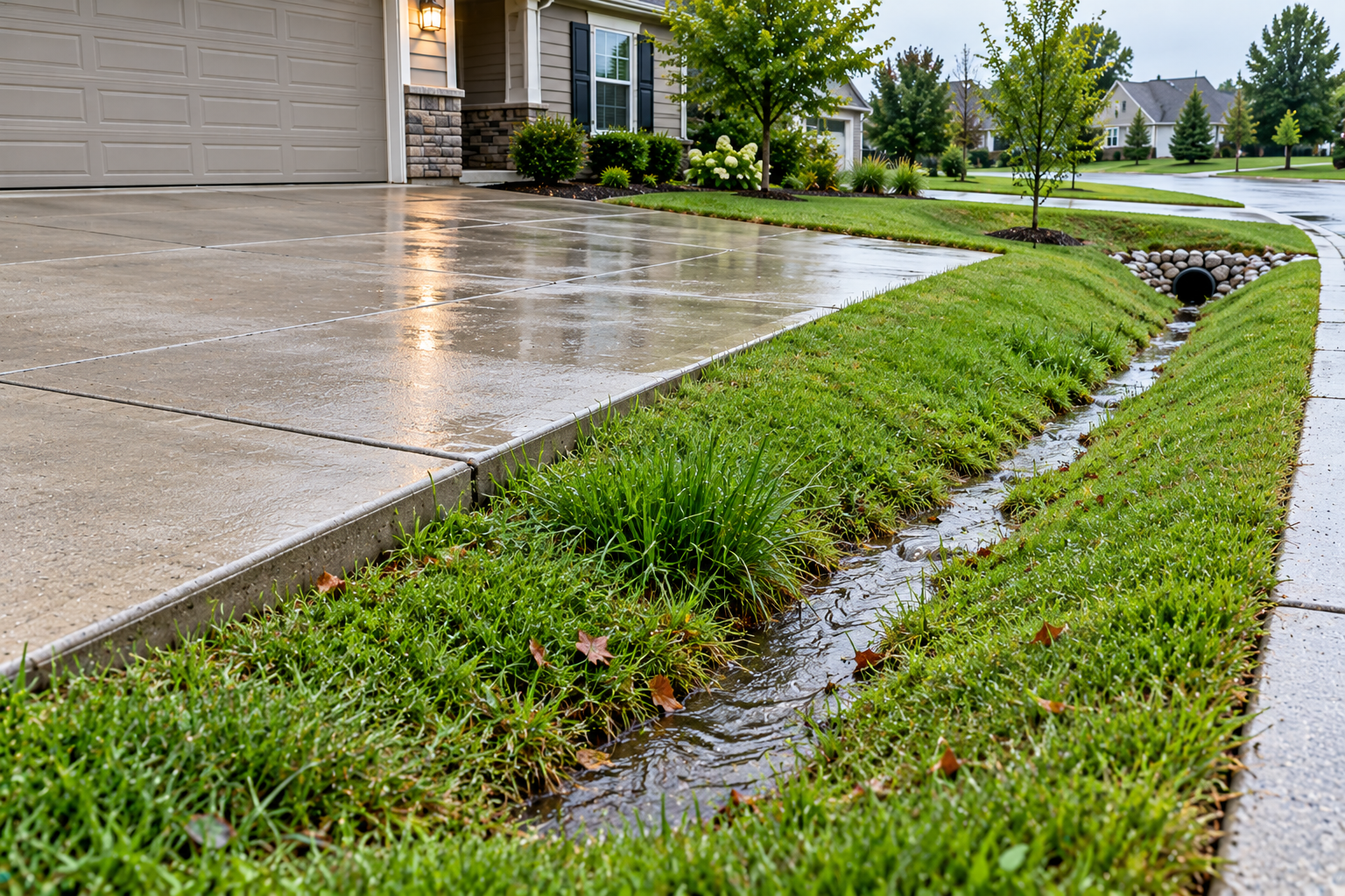 Linear trench drain with a black grate installed across a wet residential concrete driveway in front of a garage.