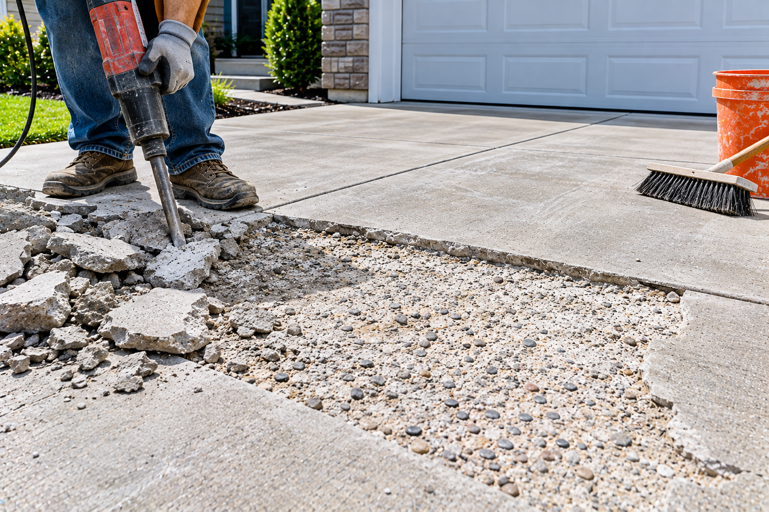 Worker using an electric demolition hammer to remove damaged concrete from a driveway with exposed aggregate.