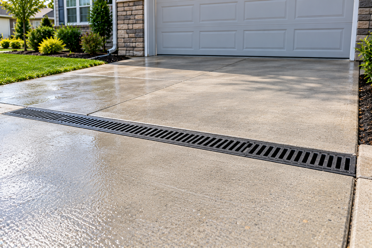 Wet residential concrete driveway with intersecting control joints dividing the surface into rectangular panels.
