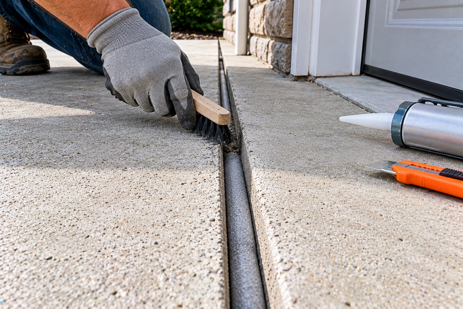 Worker cleaning a concrete driveway joint with a brush beside foam backer rod, a sealant gun, and a utility knife.