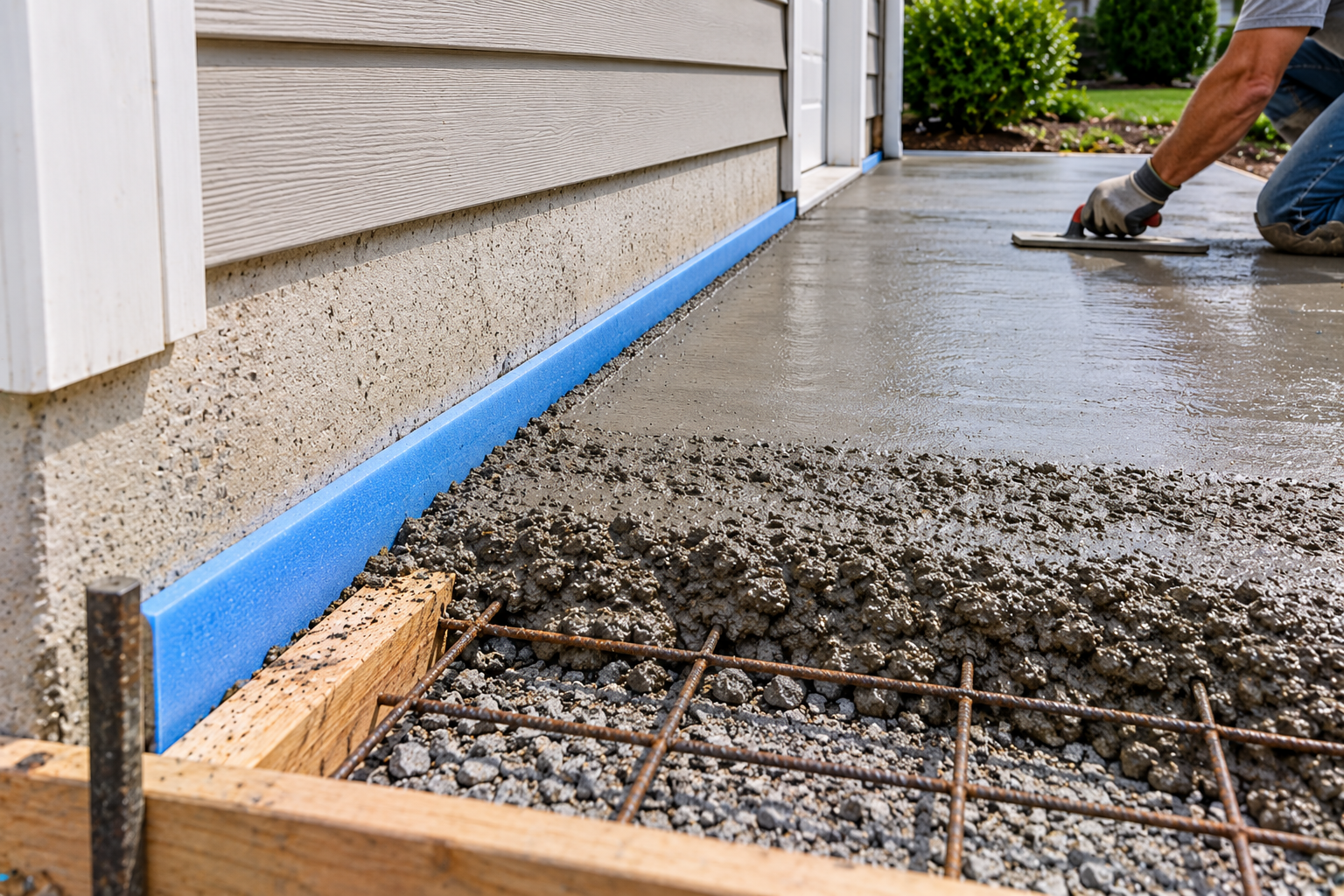 Blue isolation joint filler separating a newly poured concrete slab from a house foundation, with exposed rebar mesh and a worker finishing the surface.