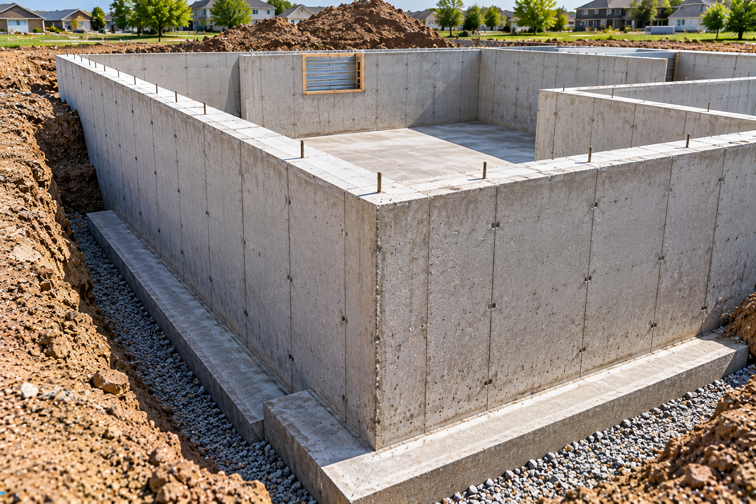 Residential poured concrete basement walls on continuous footings, with an exposed wall top, window opening, and surrounding excavation.