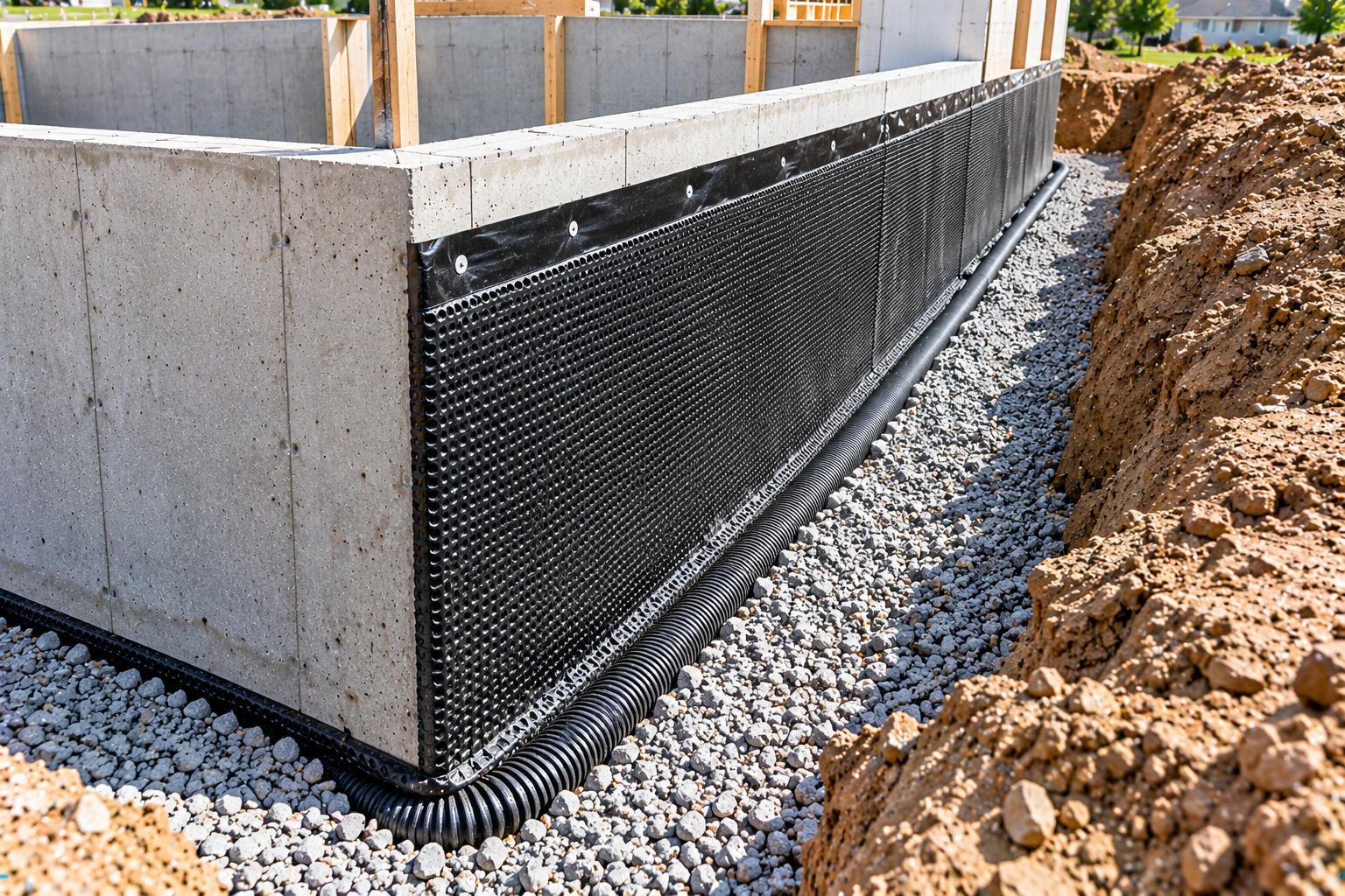 Poured concrete basement wall with black dimpled drainage membrane, corrugated perimeter drain pipe, and surrounding gravel.