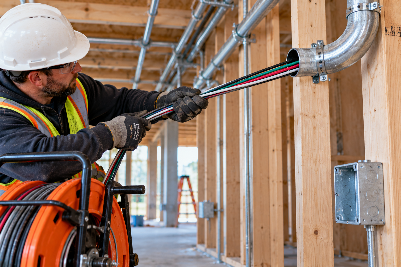 Electrician pulling multiple insulated electrical conductors through metal conduit in a wood-framed building.