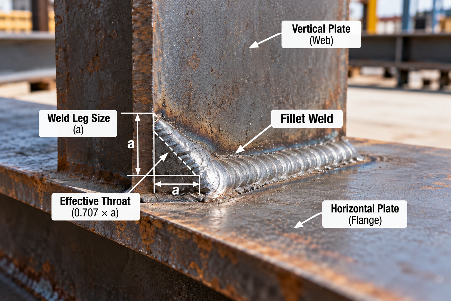 Labeled steel T-joint showing fillet weld leg size, vertical web, horizontal flange, and effective throat formula of 0.707 × a.
