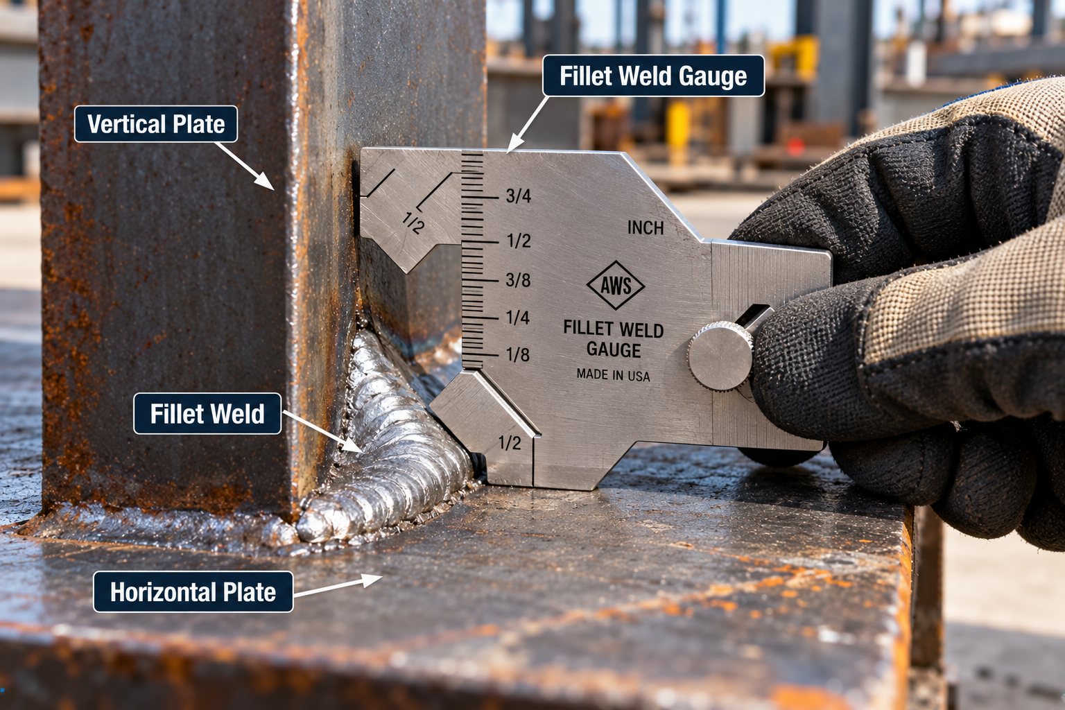 Gloved worker positioning a fillet weld gauge against a weld joining vertical and horizontal steel plates.