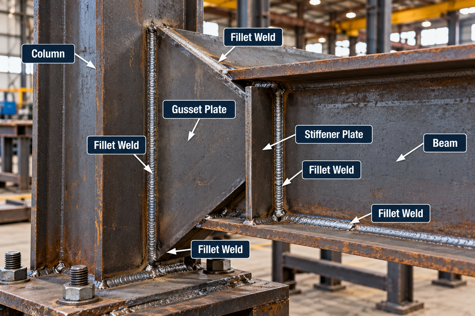 Labeled steel beam-to-column connection showing fillet welds along the gusset plate, stiffener plate, beam flange and column base.