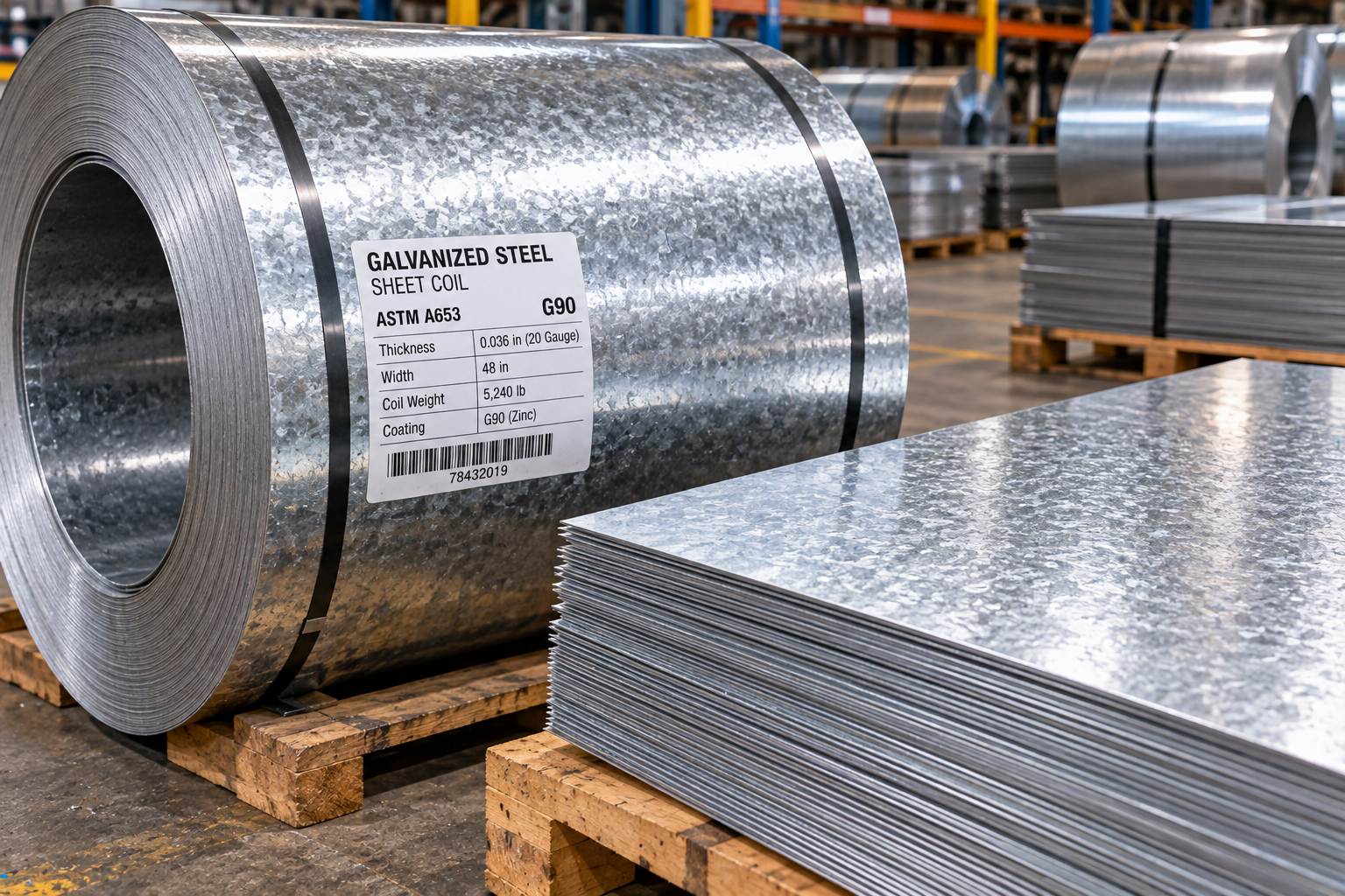 Large galvanized steel coil labeled 20 gauge with a G90 zinc coating beside stacked galvanized metal sheets on wooden pallets.