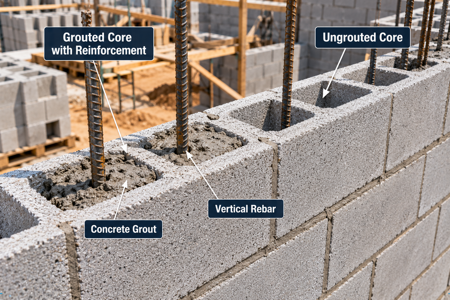 Concrete block wall showing grout-filled cores with vertical steel rebar alongside an ungrouted hollow core.
